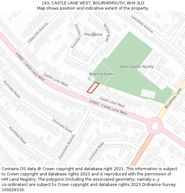 193, CASTLE LANE WEST, BOURNEMOUTH, BH9 3LD: Location map and indicative extent of plot