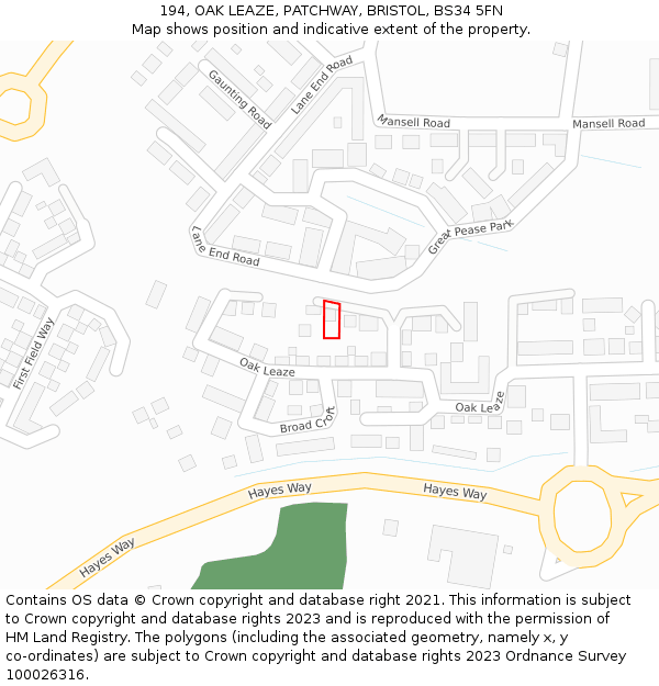 194, OAK LEAZE, PATCHWAY, BRISTOL, BS34 5FN: Location map and indicative extent of plot