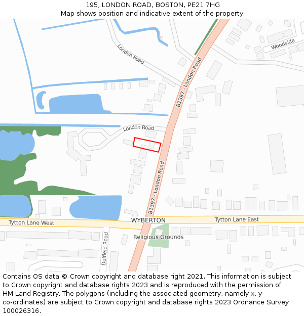 195, LONDON ROAD, BOSTON, PE21 7HG: Location map and indicative extent of plot