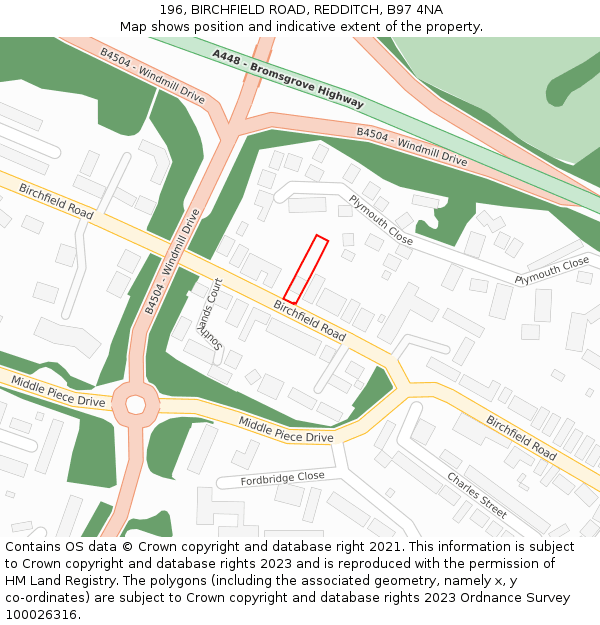 196, BIRCHFIELD ROAD, REDDITCH, B97 4NA: Location map and indicative extent of plot