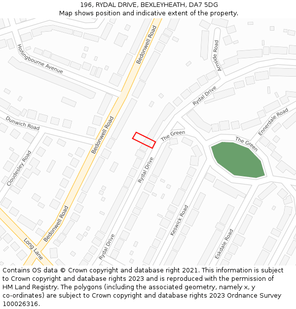 196, RYDAL DRIVE, BEXLEYHEATH, DA7 5DG: Location map and indicative extent of plot