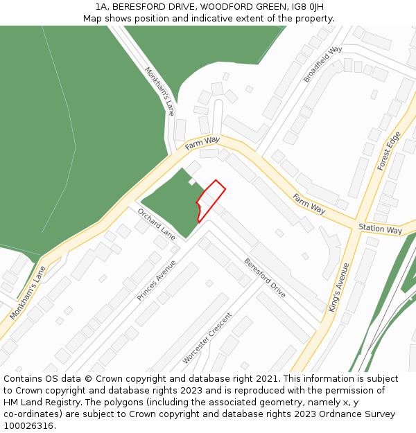 1A, BERESFORD DRIVE, WOODFORD GREEN, IG8 0JH: Location map and indicative extent of plot