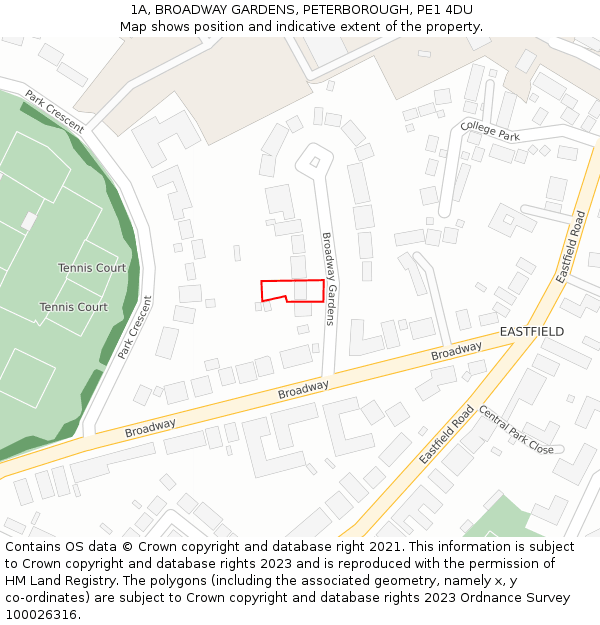 1A, BROADWAY GARDENS, PETERBOROUGH, PE1 4DU: Location map and indicative extent of plot