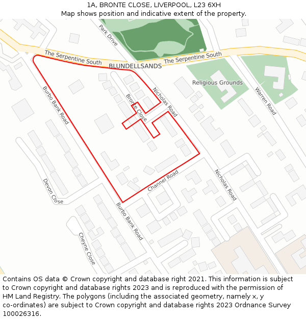 1A, BRONTE CLOSE, LIVERPOOL, L23 6XH: Location map and indicative extent of plot