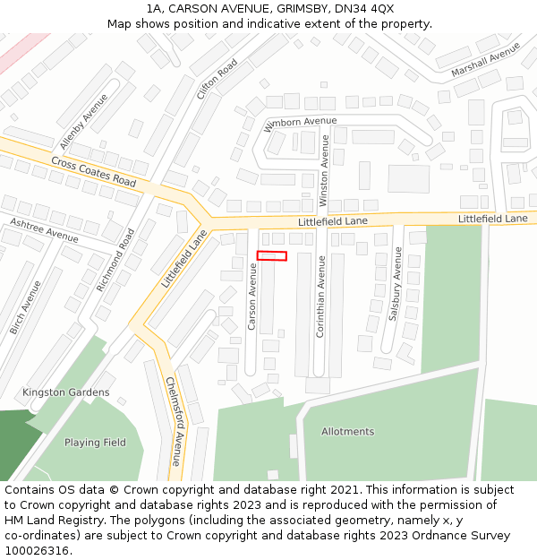 1A, CARSON AVENUE, GRIMSBY, DN34 4QX: Location map and indicative extent of plot