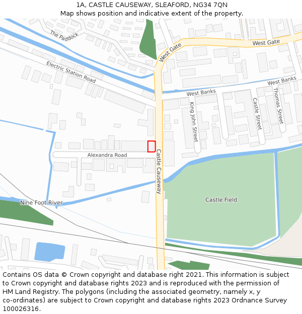 1A, CASTLE CAUSEWAY, SLEAFORD, NG34 7QN: Location map and indicative extent of plot