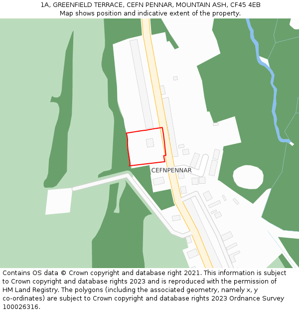 1A, GREENFIELD TERRACE, CEFN PENNAR, MOUNTAIN ASH, CF45 4EB: Location map and indicative extent of plot