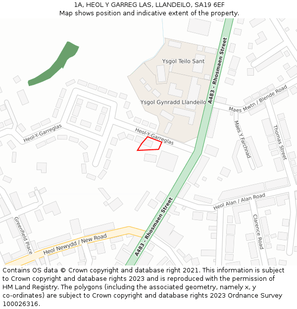 1A, HEOL Y GARREG LAS, LLANDEILO, SA19 6EF: Location map and indicative extent of plot