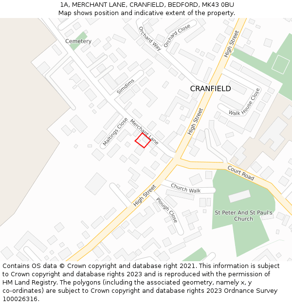 1A, MERCHANT LANE, CRANFIELD, BEDFORD, MK43 0BU: Location map and indicative extent of plot