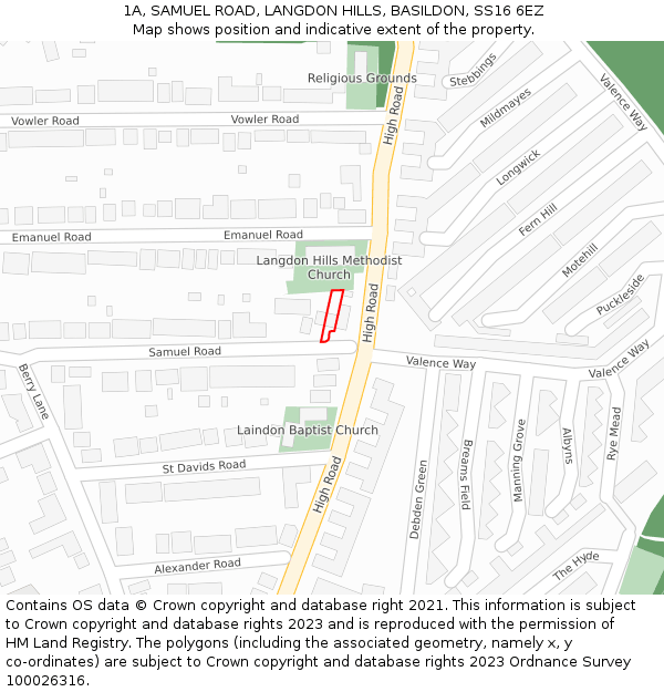 1A, SAMUEL ROAD, LANGDON HILLS, BASILDON, SS16 6EZ: Location map and indicative extent of plot