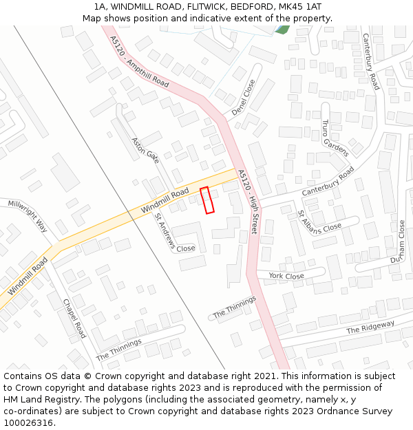 1A, WINDMILL ROAD, FLITWICK, BEDFORD, MK45 1AT: Location map and indicative extent of plot