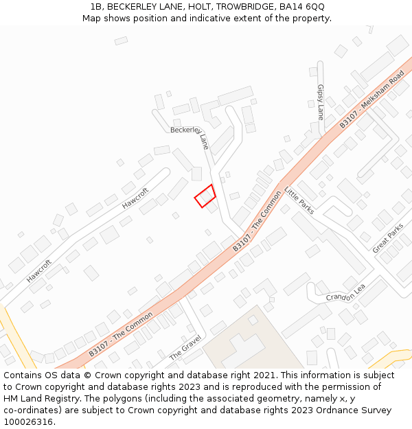 1B, BECKERLEY LANE, HOLT, TROWBRIDGE, BA14 6QQ: Location map and indicative extent of plot