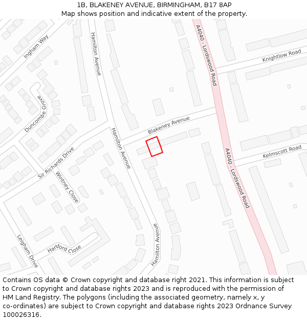 1B, BLAKENEY AVENUE, BIRMINGHAM, B17 8AP: Location map and indicative extent of plot