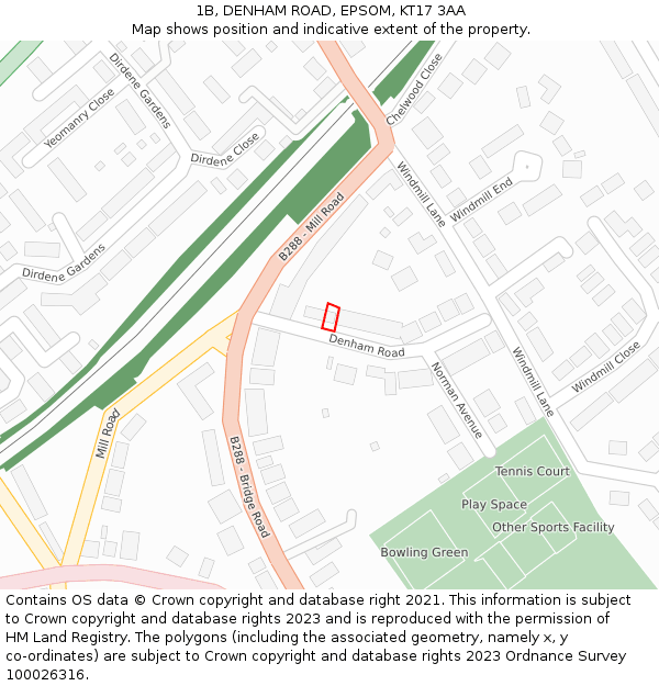 1B, DENHAM ROAD, EPSOM, KT17 3AA: Location map and indicative extent of plot