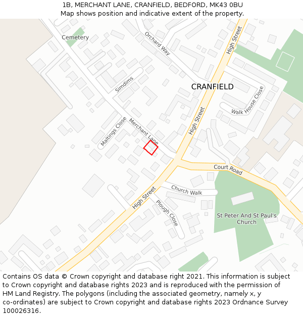 1B, MERCHANT LANE, CRANFIELD, BEDFORD, MK43 0BU: Location map and indicative extent of plot