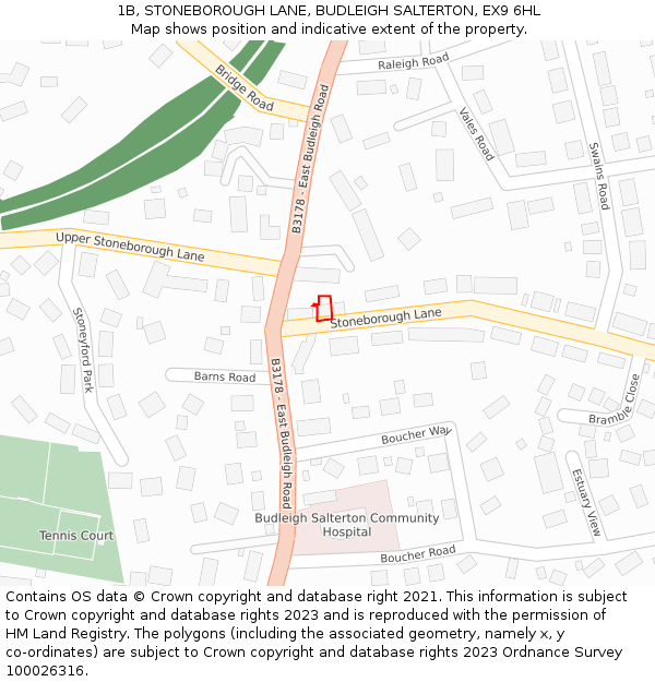 1B, STONEBOROUGH LANE, BUDLEIGH SALTERTON, EX9 6HL: Location map and indicative extent of plot