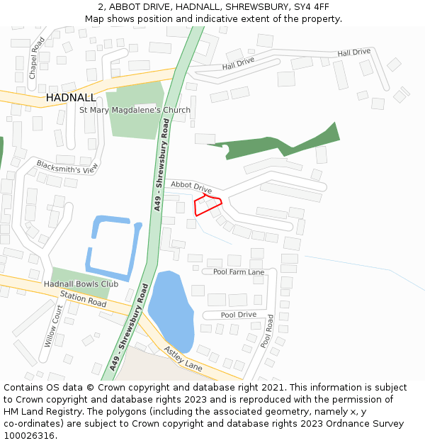 2, ABBOT DRIVE, HADNALL, SHREWSBURY, SY4 4FF: Location map and indicative extent of plot