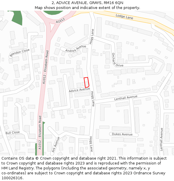 2, ADVICE AVENUE, GRAYS, RM16 6QN: Location map and indicative extent of plot