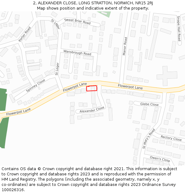 2, ALEXANDER CLOSE, LONG STRATTON, NORWICH, NR15 2RJ: Location map and indicative extent of plot