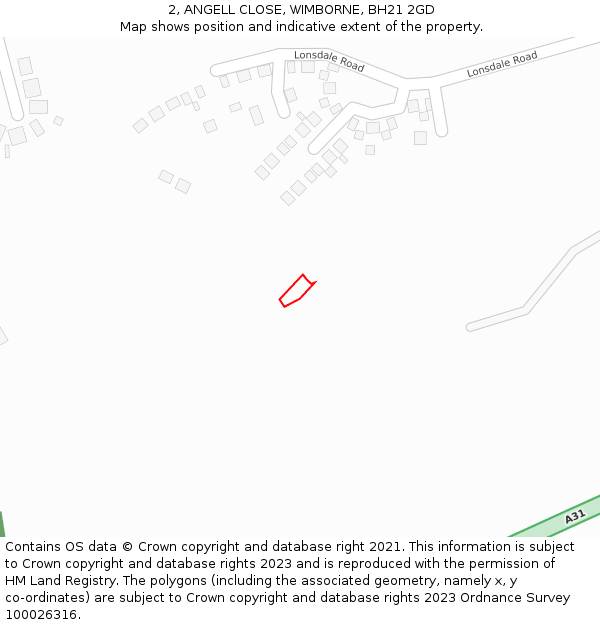 2, ANGELL CLOSE, WIMBORNE, BH21 2GD: Location map and indicative extent of plot