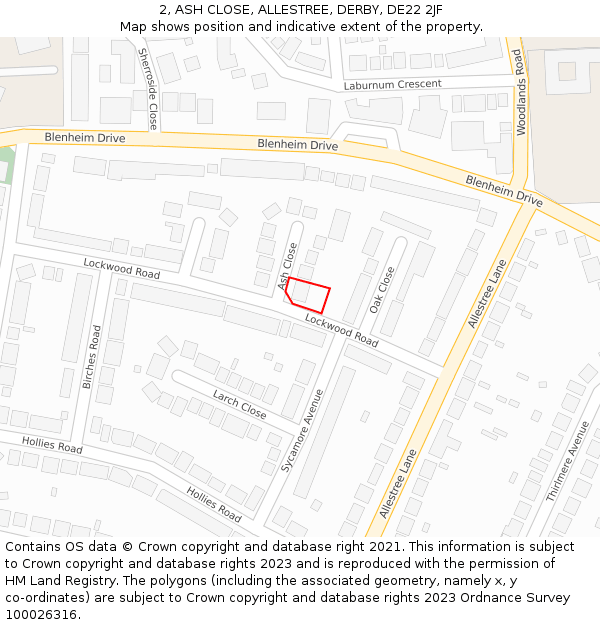 2, ASH CLOSE, ALLESTREE, DERBY, DE22 2JF: Location map and indicative extent of plot