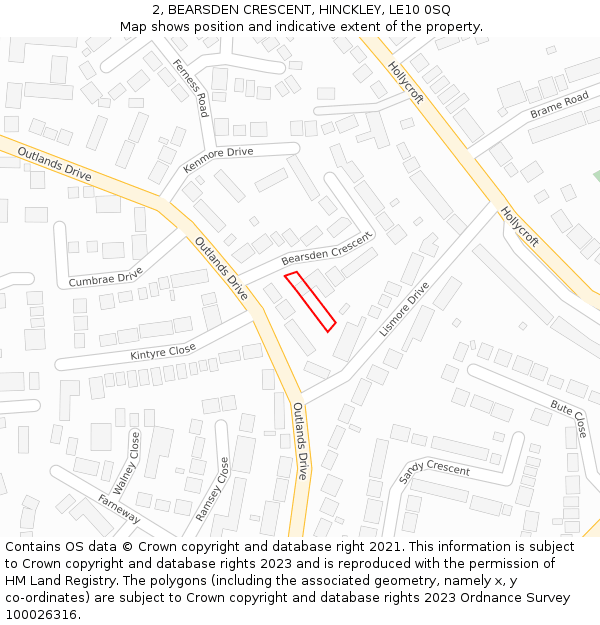 2, BEARSDEN CRESCENT, HINCKLEY, LE10 0SQ: Location map and indicative extent of plot