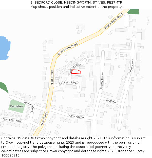 2, BEDFORD CLOSE, NEEDINGWORTH, ST IVES, PE27 4TP: Location map and indicative extent of plot