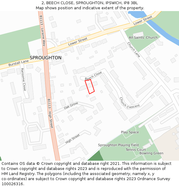 2, BEECH CLOSE, SPROUGHTON, IPSWICH, IP8 3BL: Location map and indicative extent of plot