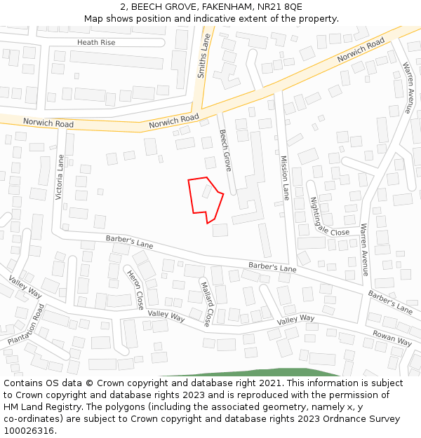 2, BEECH GROVE, FAKENHAM, NR21 8QE: Location map and indicative extent of plot