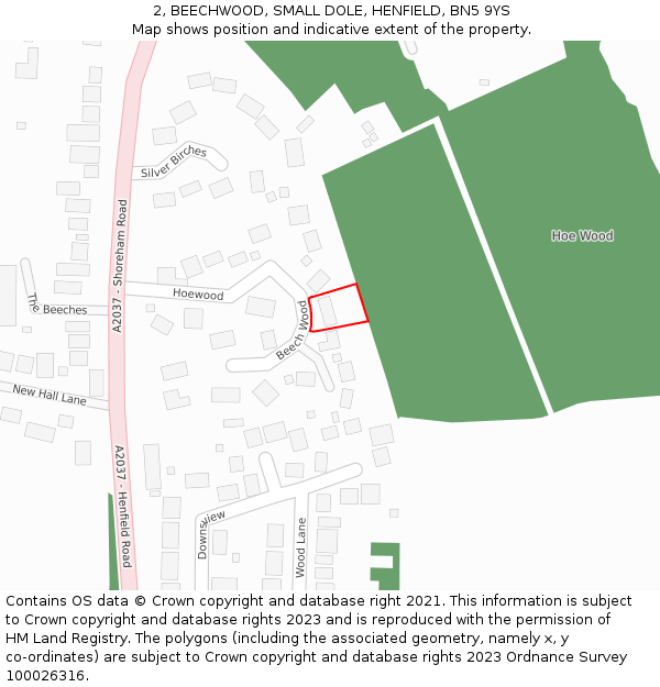 2, BEECHWOOD, SMALL DOLE, HENFIELD, BN5 9YS: Location map and indicative extent of plot