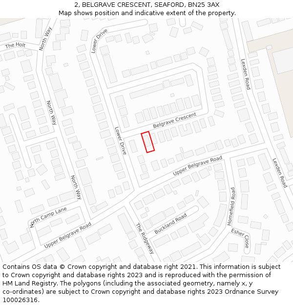 2, BELGRAVE CRESCENT, SEAFORD, BN25 3AX: Location map and indicative extent of plot