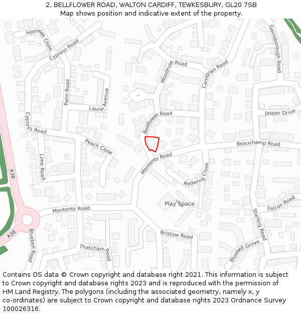 2, BELLFLOWER ROAD, WALTON CARDIFF, TEWKESBURY, GL20 7SB: Location map and indicative extent of plot