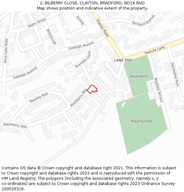 2, BILBERRY CLOSE, CLAYTON, BRADFORD, BD14 6ND: Location map and indicative extent of plot