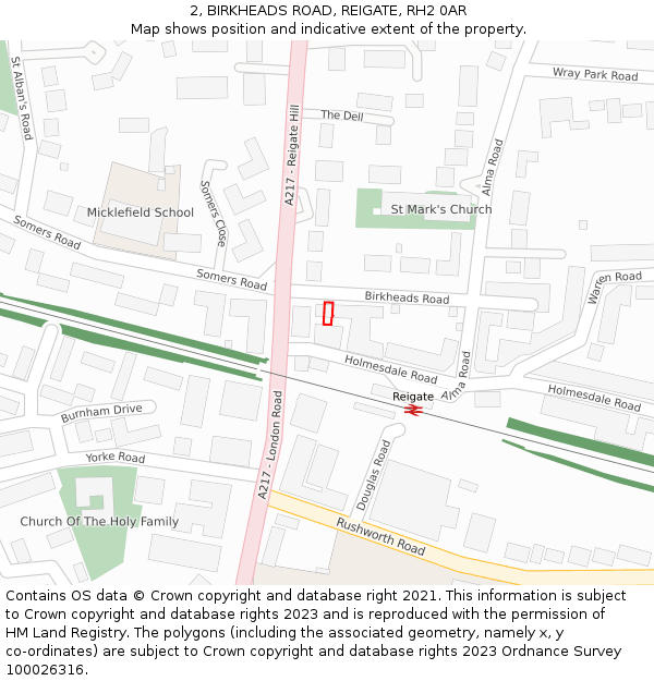 2, BIRKHEADS ROAD, REIGATE, RH2 0AR: Location map and indicative extent of plot