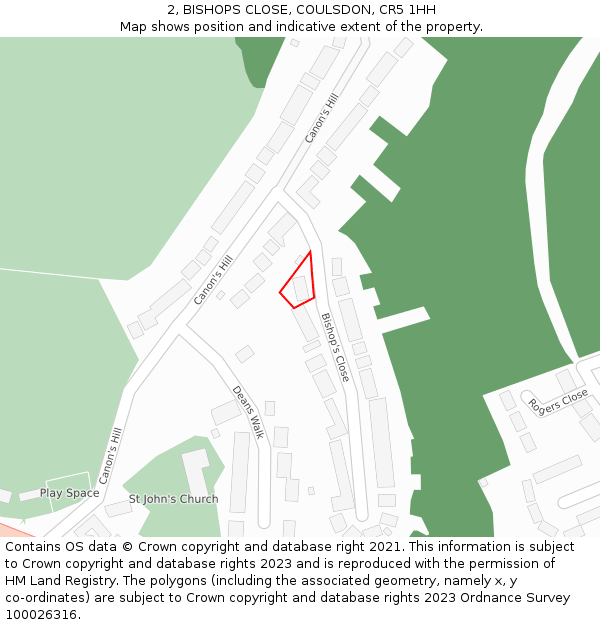 2, BISHOPS CLOSE, COULSDON, CR5 1HH: Location map and indicative extent of plot