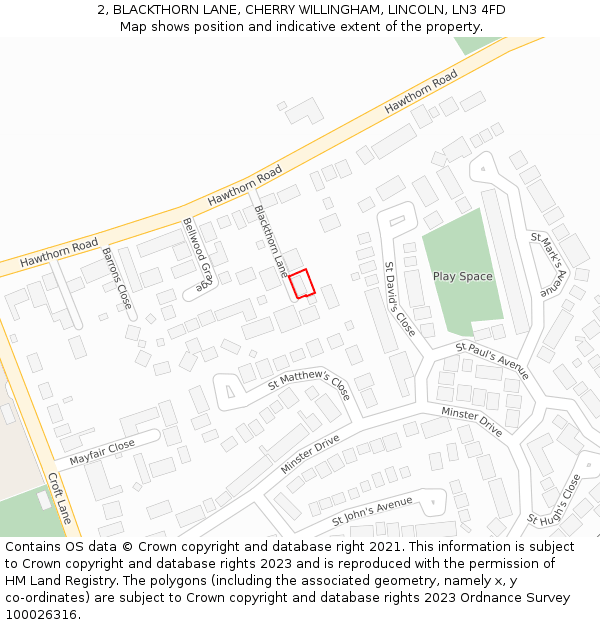 2, BLACKTHORN LANE, CHERRY WILLINGHAM, LINCOLN, LN3 4FD: Location map and indicative extent of plot