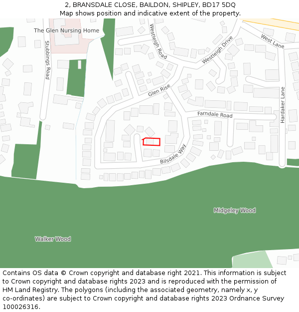 2, BRANSDALE CLOSE, BAILDON, SHIPLEY, BD17 5DQ: Location map and indicative extent of plot