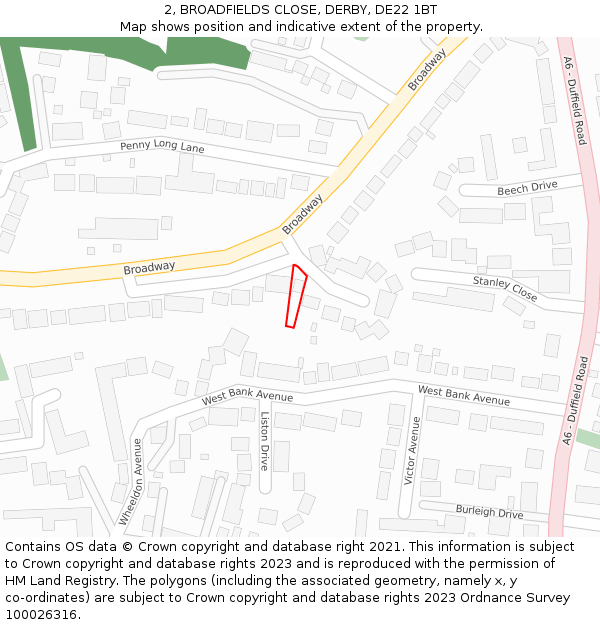 2, BROADFIELDS CLOSE, DERBY, DE22 1BT: Location map and indicative extent of plot