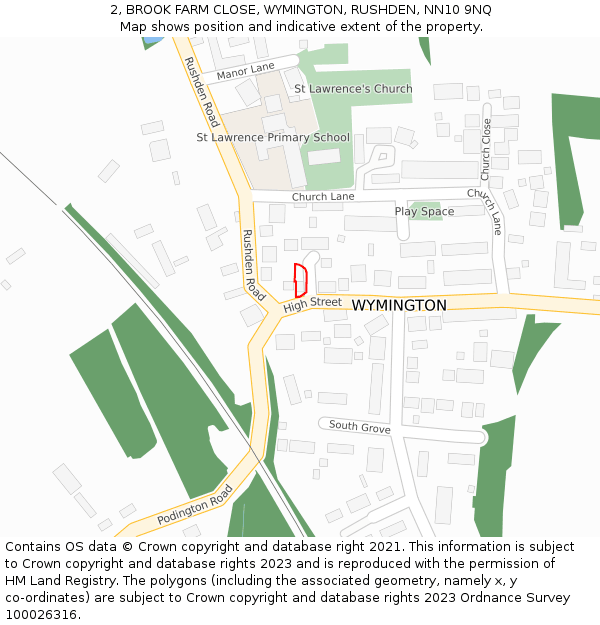 2, BROOK FARM CLOSE, WYMINGTON, RUSHDEN, NN10 9NQ: Location map and indicative extent of plot