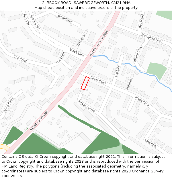 2, BROOK ROAD, SAWBRIDGEWORTH, CM21 9HA: Location map and indicative extent of plot