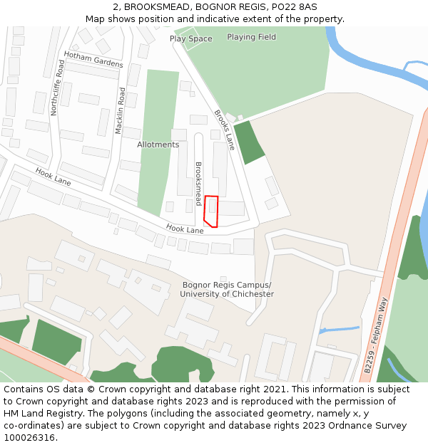 2, BROOKSMEAD, BOGNOR REGIS, PO22 8AS: Location map and indicative extent of plot