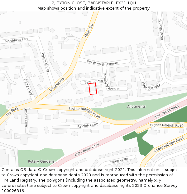 2, BYRON CLOSE, BARNSTAPLE, EX31 1QH: Location map and indicative extent of plot