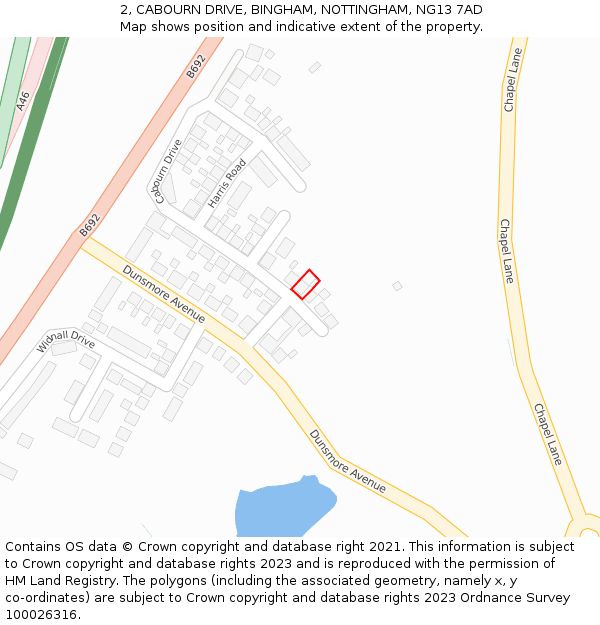 2, CABOURN DRIVE, BINGHAM, NOTTINGHAM, NG13 7AD: Location map and indicative extent of plot