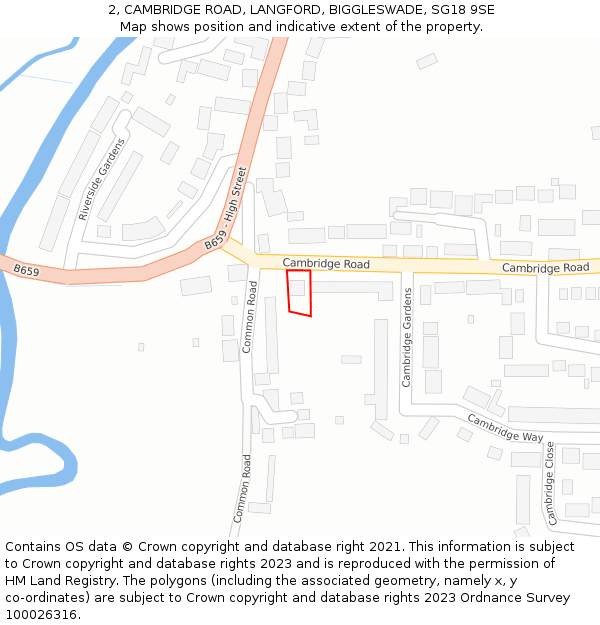 2, CAMBRIDGE ROAD, LANGFORD, BIGGLESWADE, SG18 9SE: Location map and indicative extent of plot