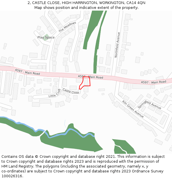 2, CASTLE CLOSE, HIGH HARRINGTON, WORKINGTON, CA14 4QN: Location map and indicative extent of plot