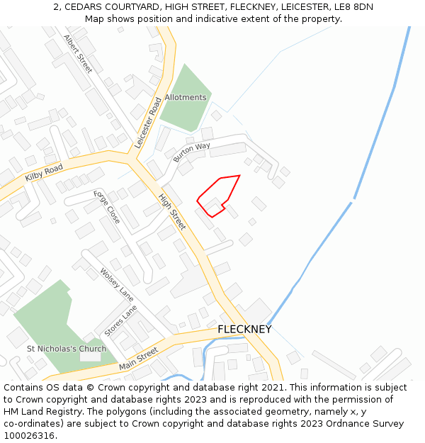 2, CEDARS COURTYARD, HIGH STREET, FLECKNEY, LEICESTER, LE8 8DN: Location map and indicative extent of plot