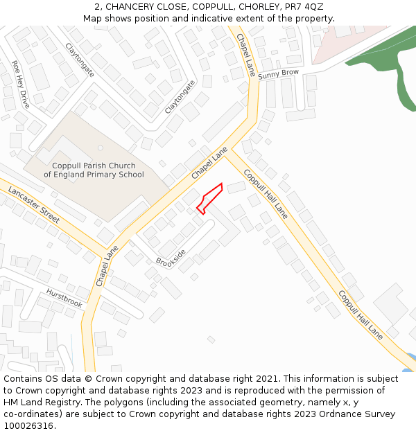 2, CHANCERY CLOSE, COPPULL, CHORLEY, PR7 4QZ: Location map and indicative extent of plot