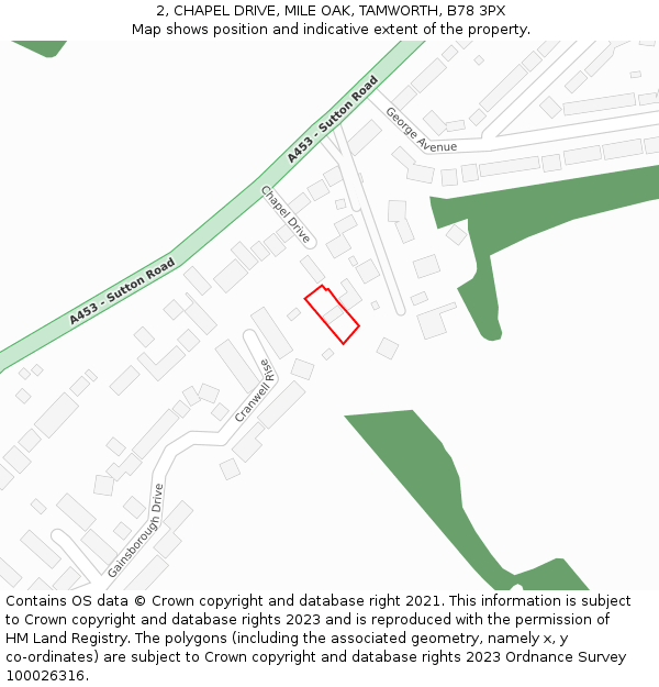 2, CHAPEL DRIVE, MILE OAK, TAMWORTH, B78 3PX: Location map and indicative extent of plot