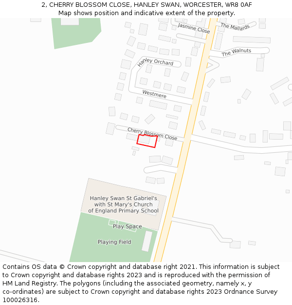 2, CHERRY BLOSSOM CLOSE, HANLEY SWAN, WORCESTER, WR8 0AF: Location map and indicative extent of plot