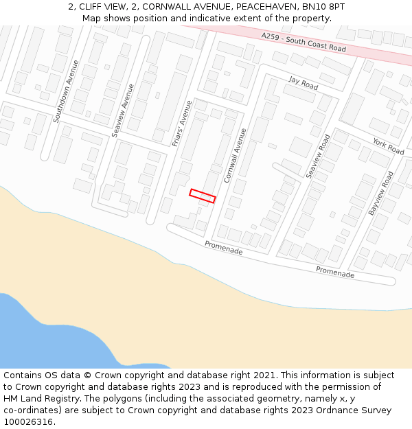 2, CLIFF VIEW, 2, CORNWALL AVENUE, PEACEHAVEN, BN10 8PT: Location map and indicative extent of plot